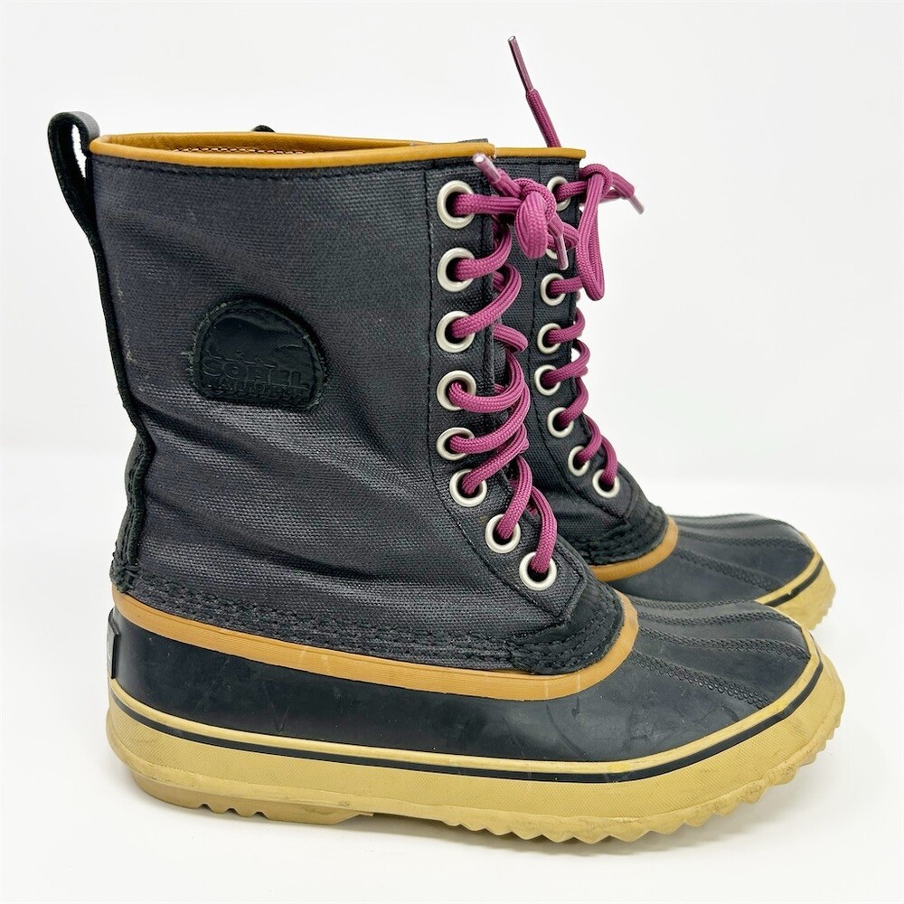Sorel 1964 Women's Lace-Up Winter Duck Boots Black Tan Pink Laces Size 6